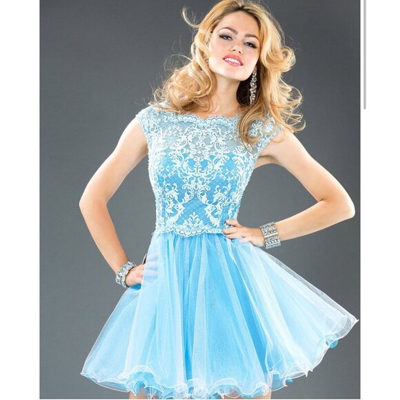 Jovani Dress Size 4 Blue White Lace Tulle Open Back Homecoming 79047A SOLD OUT - Picture 1 of 10